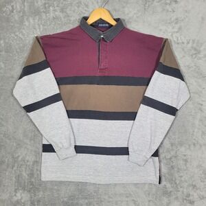 John Henry Rugby Shirt Mens Large Red Gray Color Block Long Sleeve Collared Polo